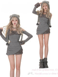 Gray Off-the-shoulder Top with Plush Cuffs & Metal Cross