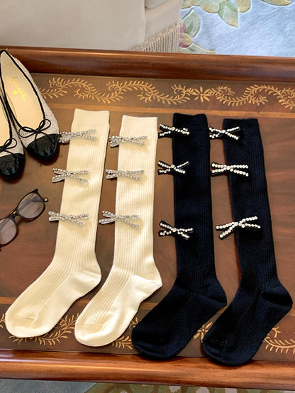 Black/Milk White Rhinestone Bowknot Calf Socks