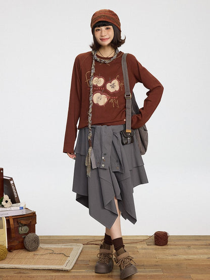Kawaii Shirt Sleeve Print Long Brown Decorated - Red Apple
