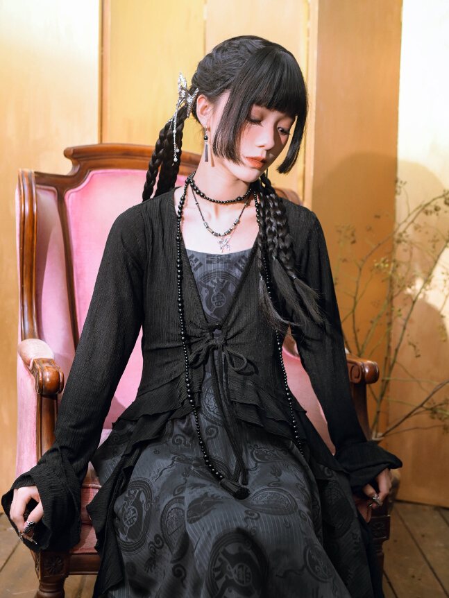 Ärmel Saum Stil Asymmetrische Schwarz Layered Cardigan Gestrickte Cheongsam Glocke