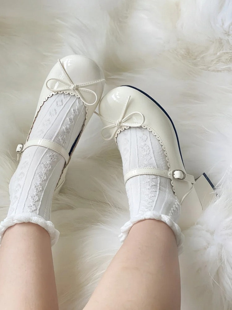 White 5cm Lolita Janes Mary Bow Scalloped Sweet Trim with Mid-heel Accents
