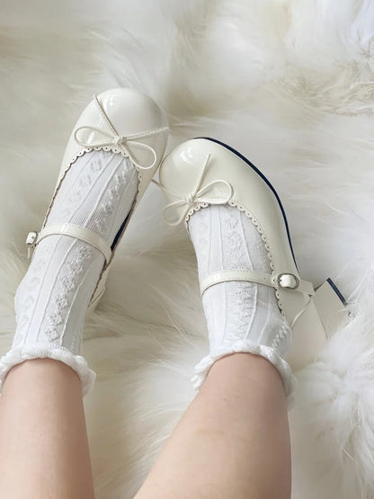 White 5cm Lolita Janes Mary Bow Scalloped Sweet Trim with Mid-heel Accents