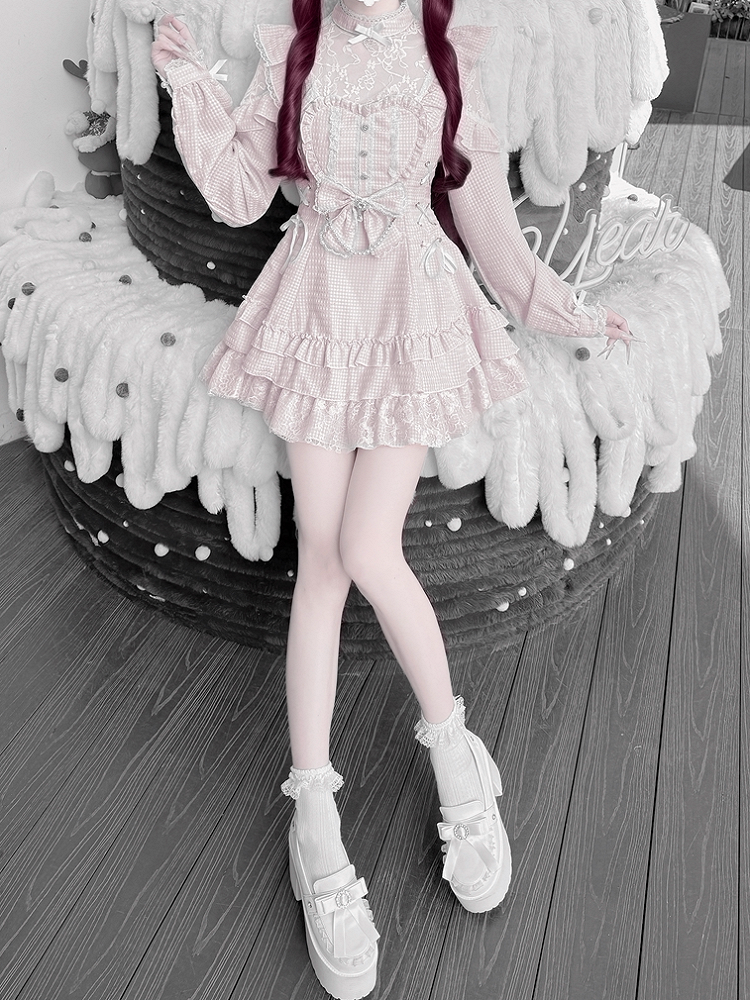 Pink Gingham Ryousangata Floral Lace Dress Set with Shorts, Bow Tie, Bead Chain & Hairclips - Jiuniang Cherry