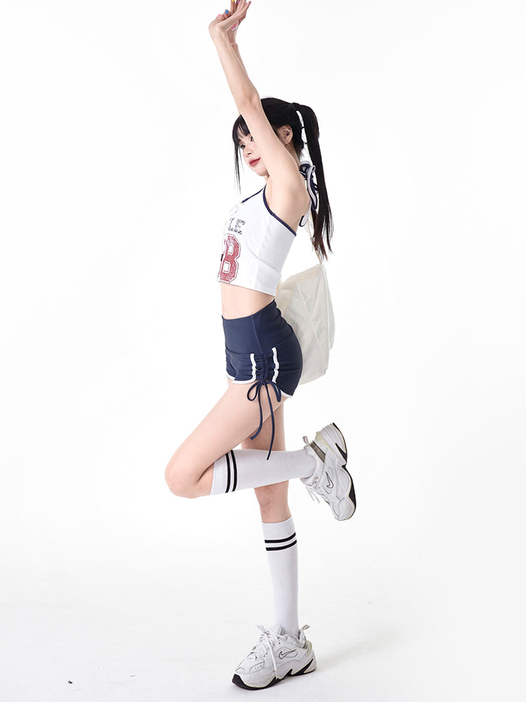 Crisscross Lace-ups Print Black Halter with Red Letter White Crop Top