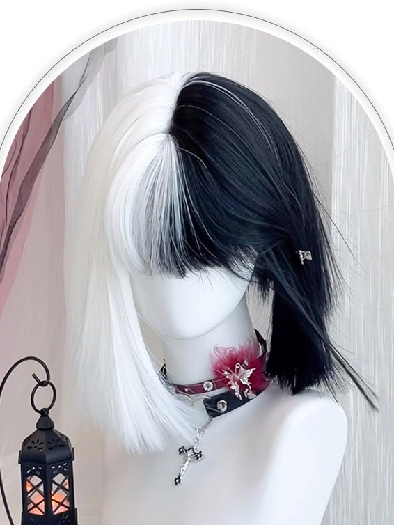 ブラック＆ホワイトのスプリットカラー、肩までの長さのストレート合成ウィッグ（前髪付き）