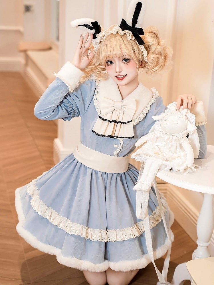 Plush Collar and Cuffs Alice Blue Sweet Lolita Dress with Removable Bunny Ears and Tail Back