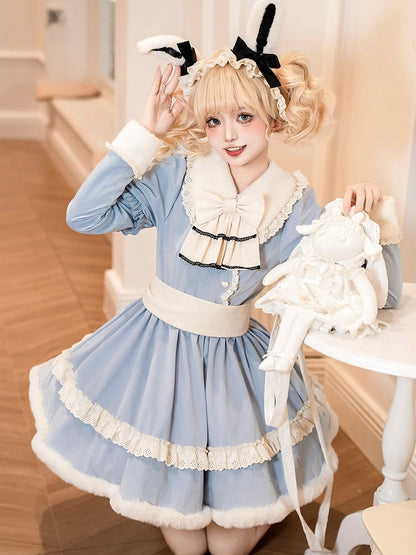 Plush Collar and Cuffs Alice Blue Sweet Lolita Dress with Removable Bunny Ears and Tail Back