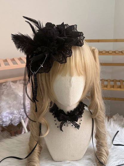 White/Black Lace Embellishment Hat Mini Butterfly with and Feather