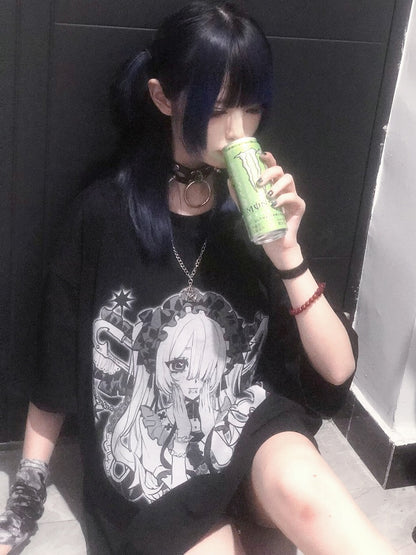 ネックブラックホワイト ケイジライ ラウンドプリント 漫画ガール Tシャツ