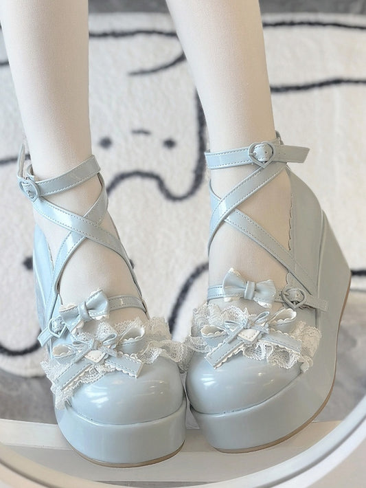 PU - Heart Sweet Platform Buckles Shoes Blue