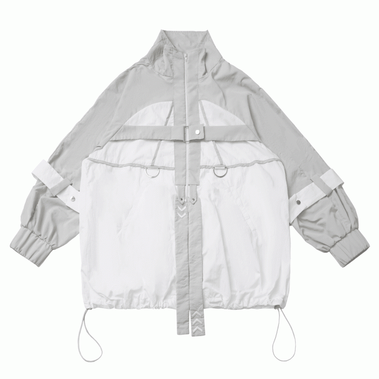 und weiße Techwear-Sonnenschutzjacke mit grauem Saum und Colorblock-Kordelzug