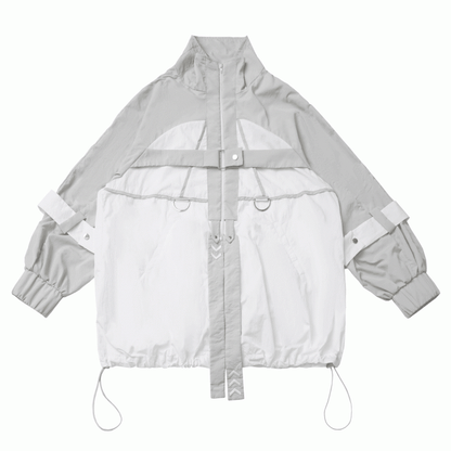und weiße Techwear-Sonnenschutzjacke mit grauem Saum und Colorblock-Kordelzug
