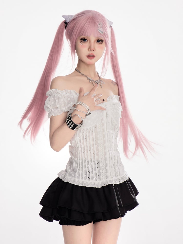 VネックTシャツ ホワイト オフショルダー ネックライン パフスリーブ スイート