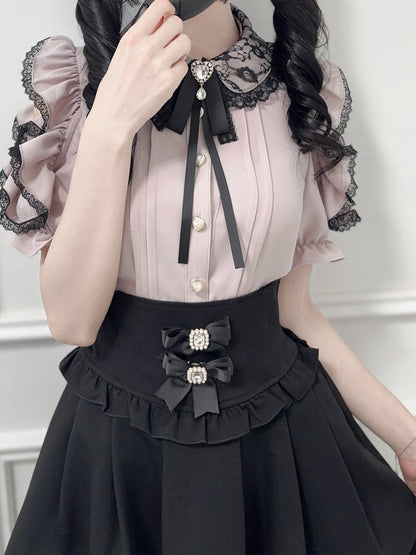 Schleife Dusty Collar Peter Bluse mit Spitze Pink Pan Cutout Trim Schulter Jirai Tie Kei