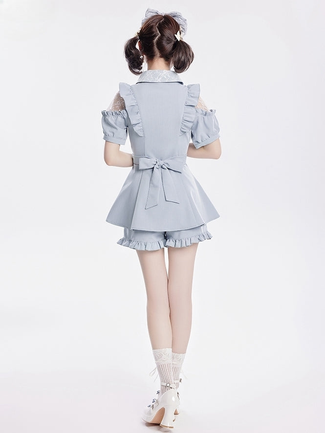 Coord Shorts with Kei Lace Set: Top Alice Cut-Out Brooch Bow Jirai Shoulder Blue