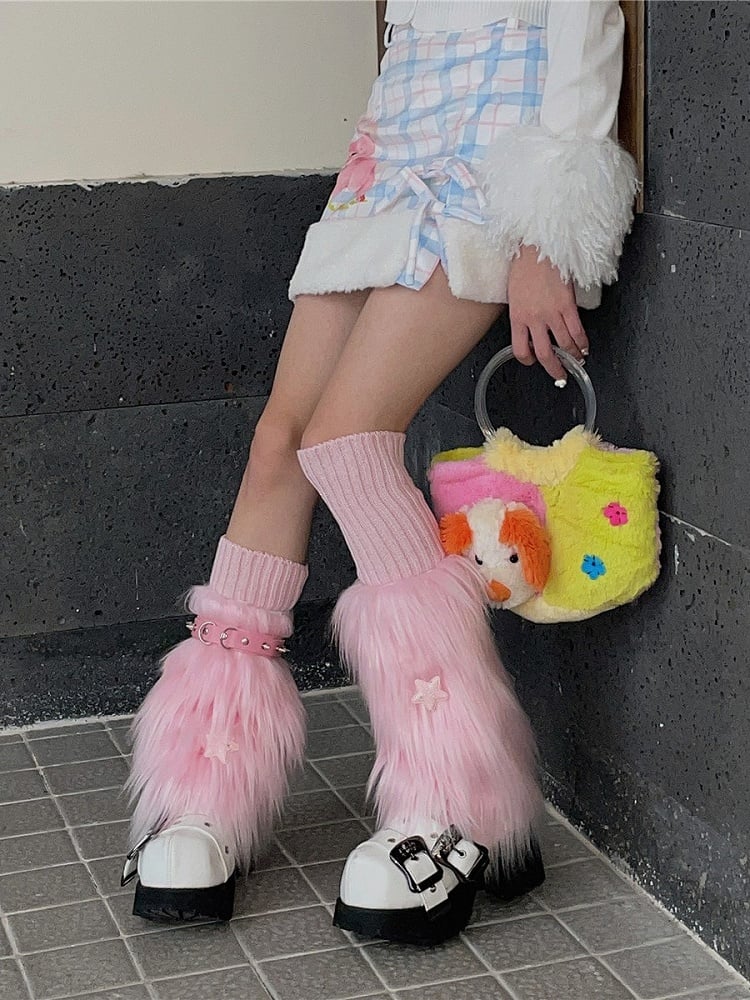 Pink Star Decoration Faux Fur Leg Warmers + Knitted Leg Warmers + Studded Garter