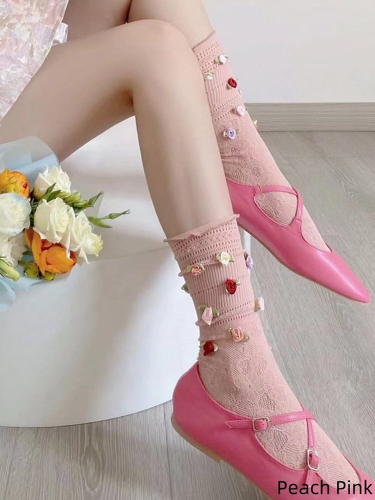 Cotton Lace Flower Decorated Cutout Socks Colors 6