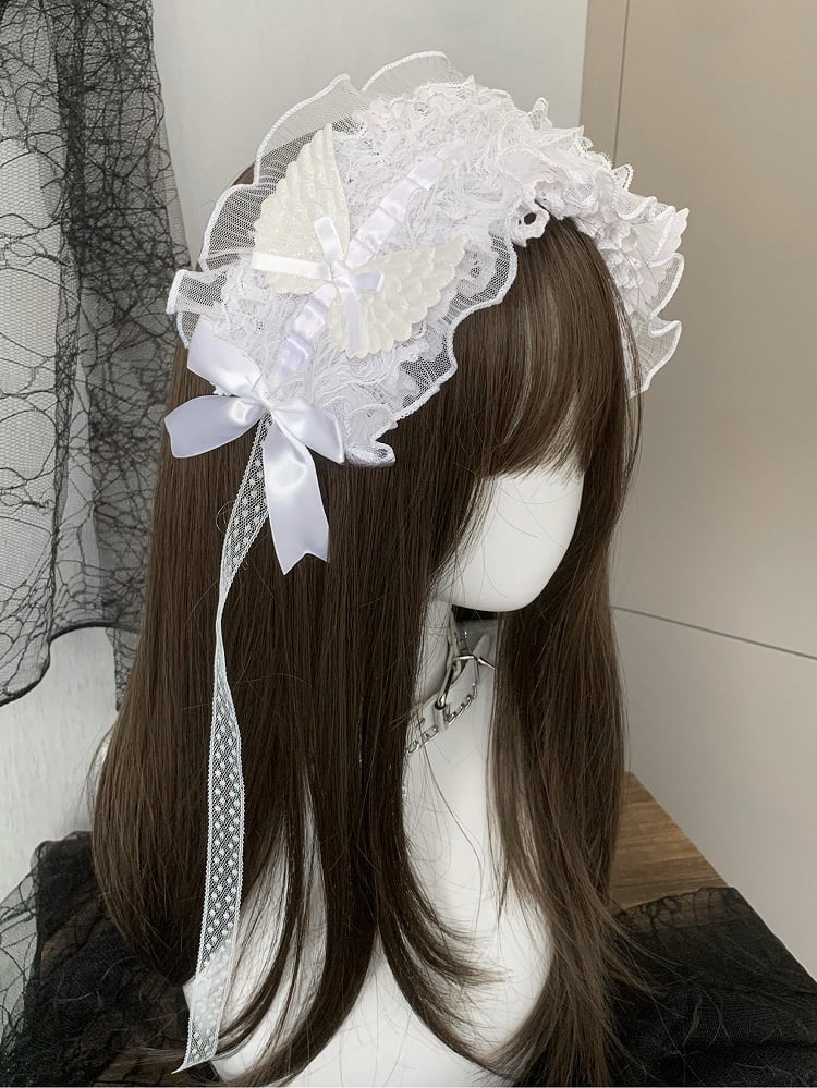Decorated Bowknot Ruffled Details Black/White Hairband Wing
