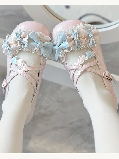 Bow Janes Candy Lolita PU Style Low - Pink Heel Mary Accents with Shoes