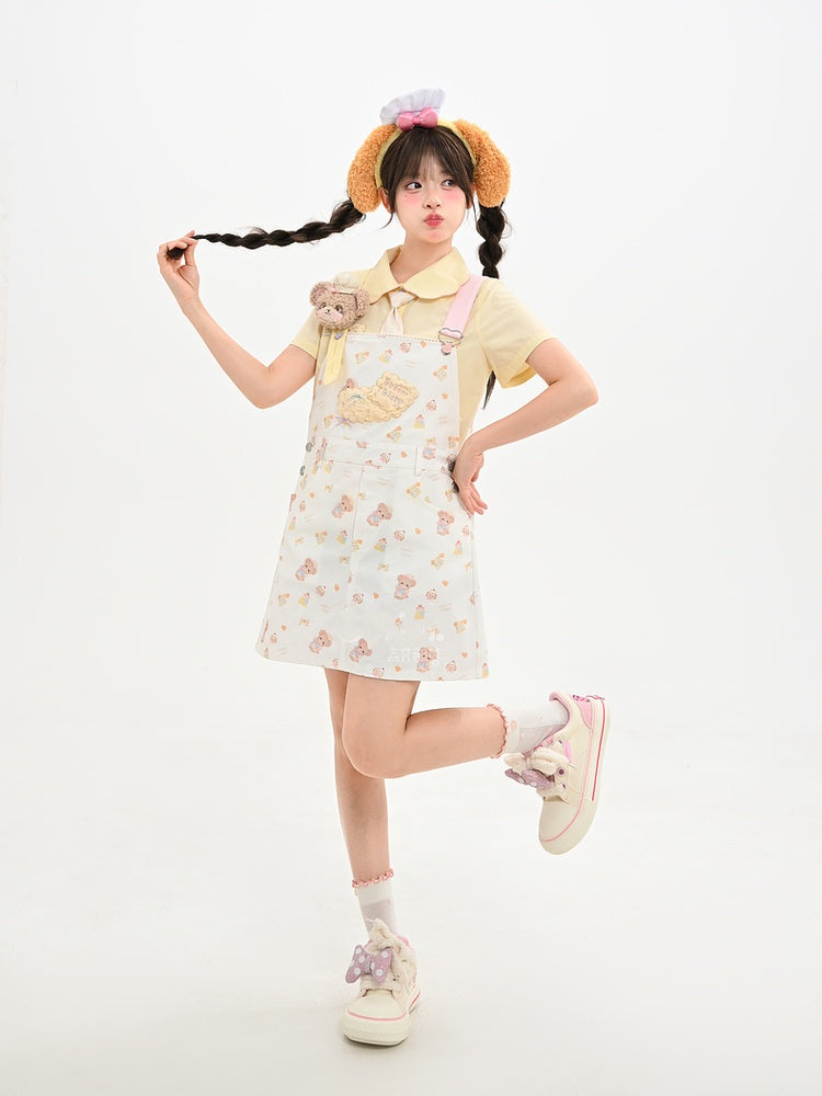 Bären-Stickerei-Applikation, weißer Plüsch-Keks mit Allover-Print, Overall-Rock