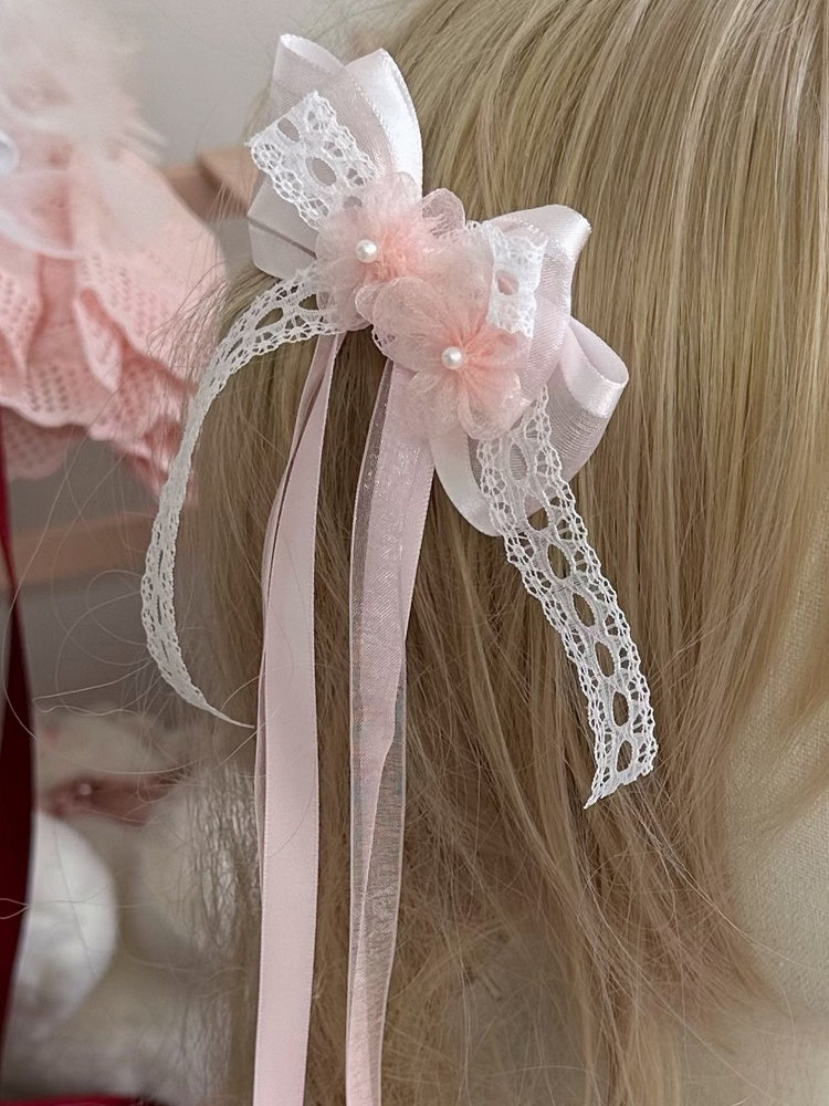 Lolita Bow Blossom Long Cherry Ribbon Hairclip Pink Decorations