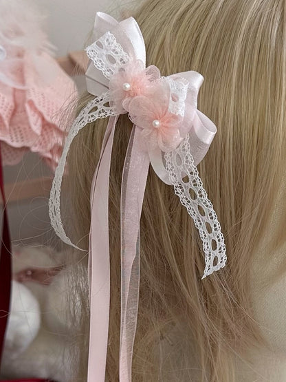 Lolita Bow Blossom Long Cherry Ribbon Hairclip Pink Decorations