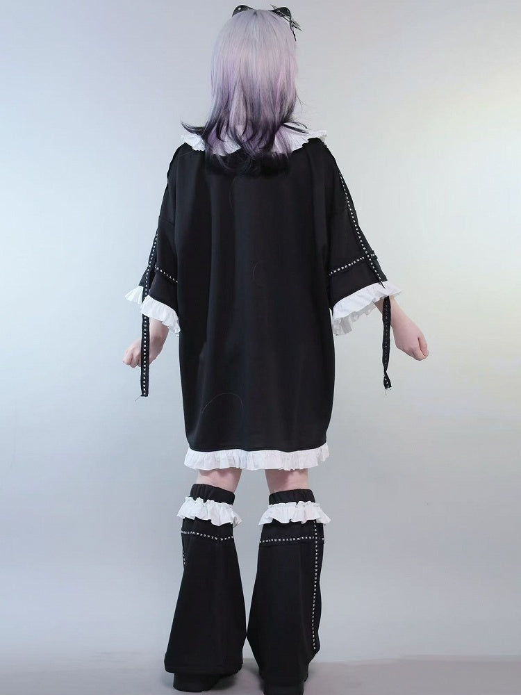 Trim Kei Ruffles Insect Decorated Pan Peter Leg With Jirai Print Studs Collar T-shirt Black Warmers