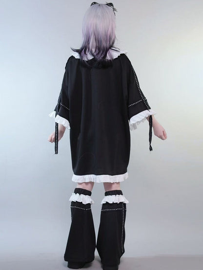 Trim Kei Ruffles Insect Decorated Pan Peter Leg With Jirai Print Studs Collar T-shirt Black Warmers