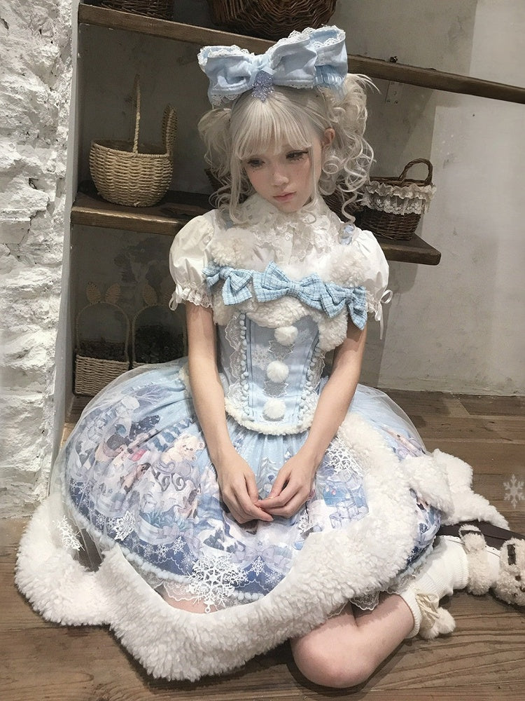 Penguin & Snow Print Lolita Jumper Skirt, Asymmetrical Overlay & Fluffy Detail - Lineall Cat