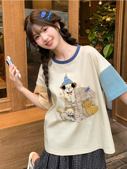 カラーブロックデザイン パピー刺繍Tシャツ オレンジブルー