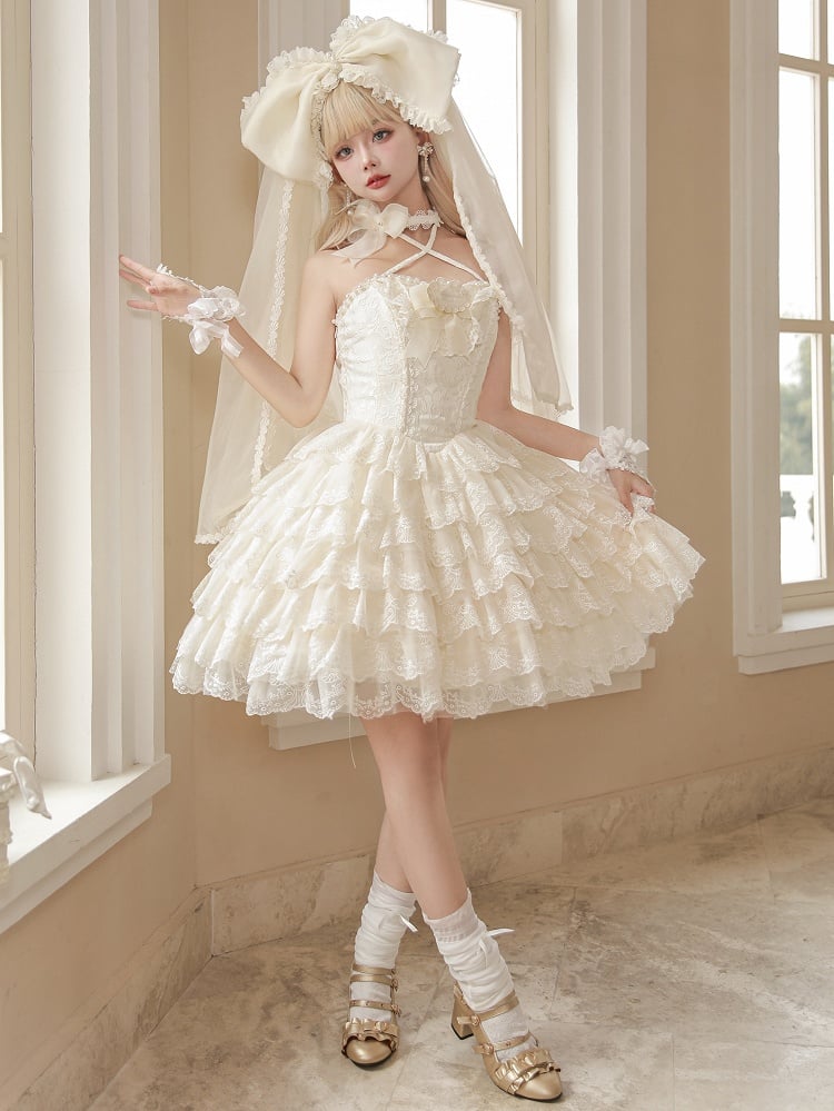 Cremiges Lolita-Kleid mit Jakobsmuschel-Rockbesatz, bestickt, Prinzessinnenkleid, gestuft