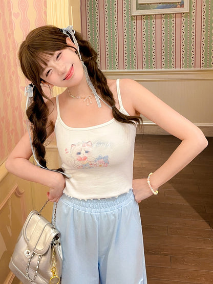 裾ホワイトスクープネックライン キャットプリント レタスキャミトップ