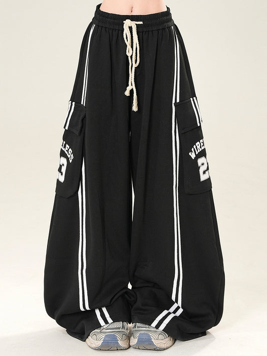 Decorated Number Black Wide-leg Pants Pockets Letter Cargo Cut Print And Bittersweet