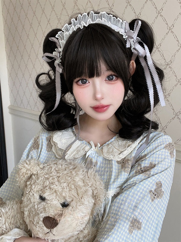 ブラックティーショートボブカット合成ウィッグ、ダブルポニーテールクロークリップ付き