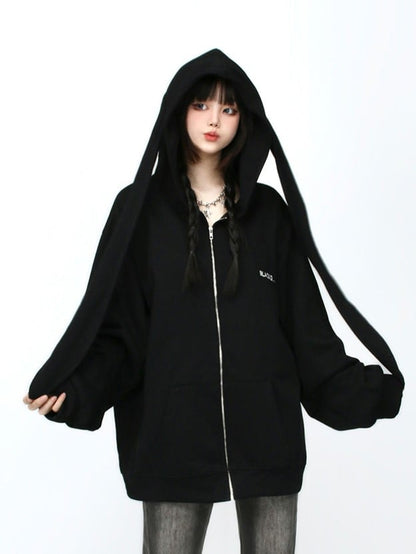 Black Longline Zip-Up Hoodie with Adorable Bunny Ear Accents