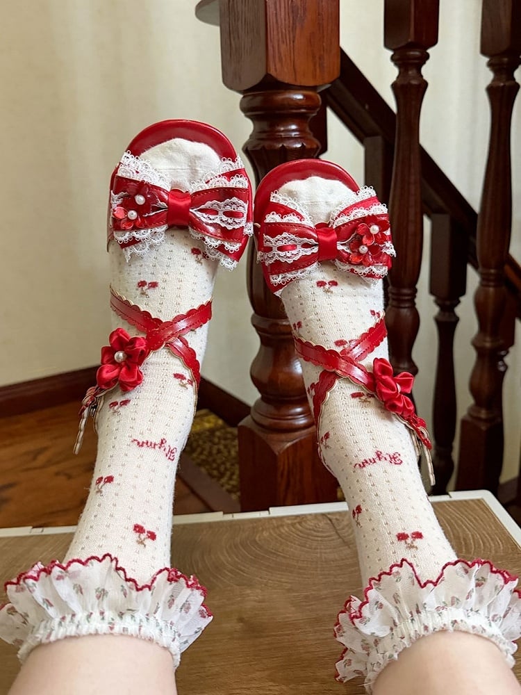 Red Lolita Bow Flower Lace Trim Low Heel Sandals with Back Bows - Sheep Puff