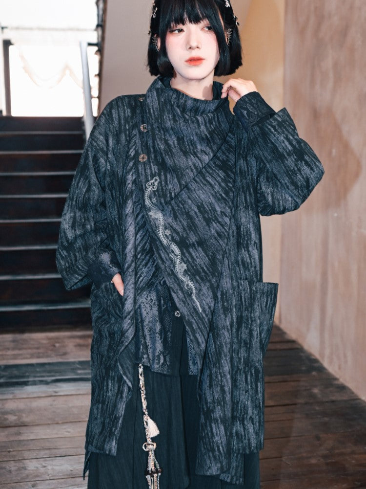 with Asymmetrical Blue Tie Print Cape Dye Jacket Cheongsam Snake