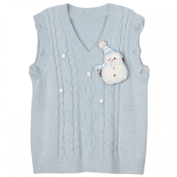 Cute Snowman Adorned Blue V-neck Mohair Vest