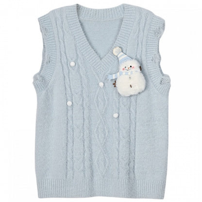 Cute Snowman Adorned Blue V-neck Mohair Vest