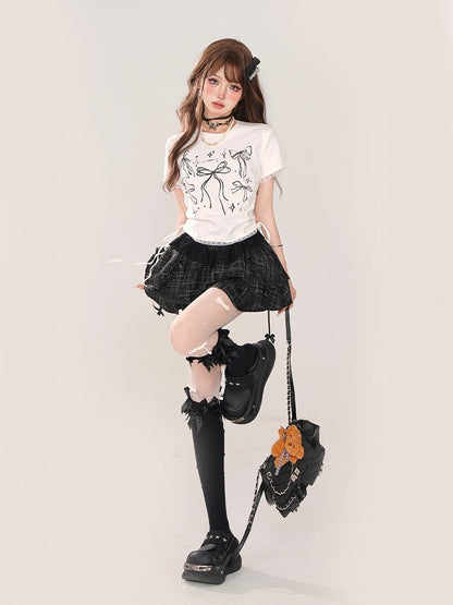 Sweet T-shirt with Bowknot Print Waist Drawstrings White Lace-trimmed
