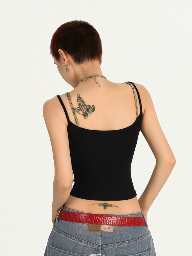 Black Fake Two-Piece Leopard Print Sleeveless Top with Letter Rhinestone Detail