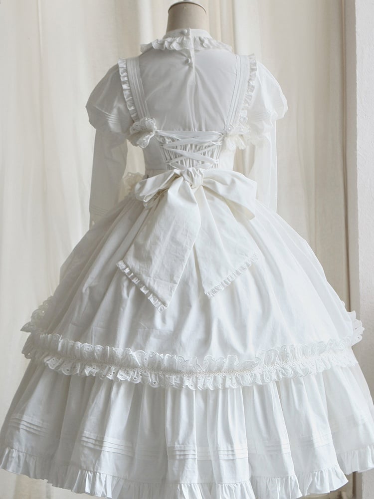 Decoration and Gothic White Heart-shaped Long Dress with Bowknots JSK Lolita Version Ruffled