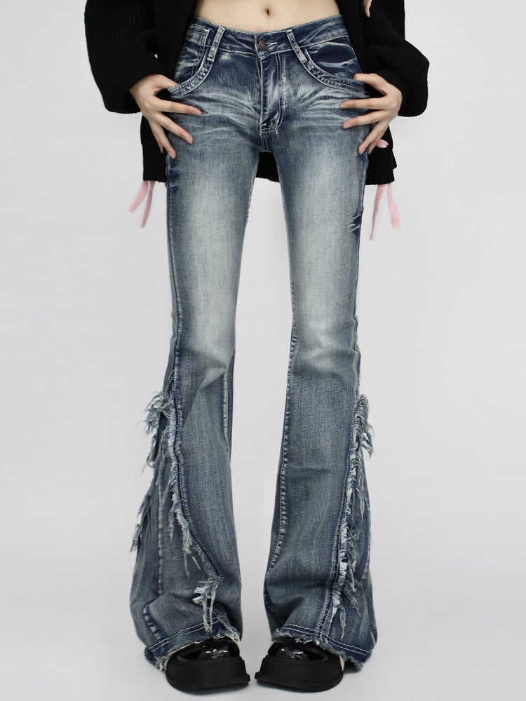 Cuffs- Slim Fit Raw Vintage Blau/Schwarz Low Waist Flared und Jeans mit Ausfransen
