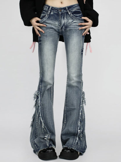 Cuffs- Slim Fit Raw Vintage Blau/Schwarz Low Waist Flared und Jeans mit Ausfransen