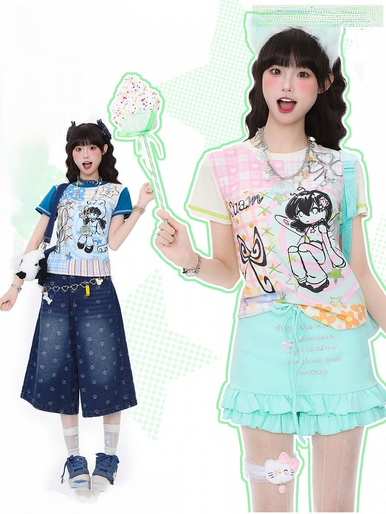 Slim-Fit T-shirt with Pink Cartoon Girl Print Blue/Apricot Plaid Patchwork