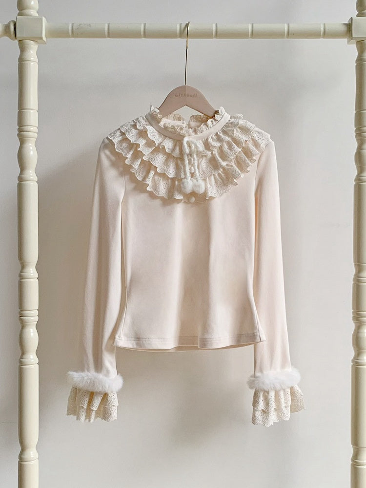 and Ruffles with for Autumn/Winter Top Layered Warm Lolita Fur-Accent Beige Soft