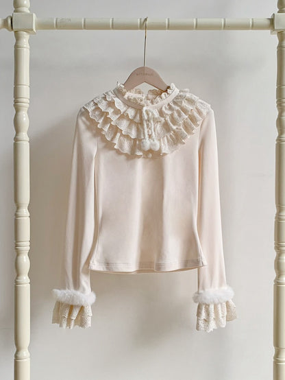 and Ruffles with for Autumn/Winter Top Layered Warm Lolita Fur-Accent Beige Soft