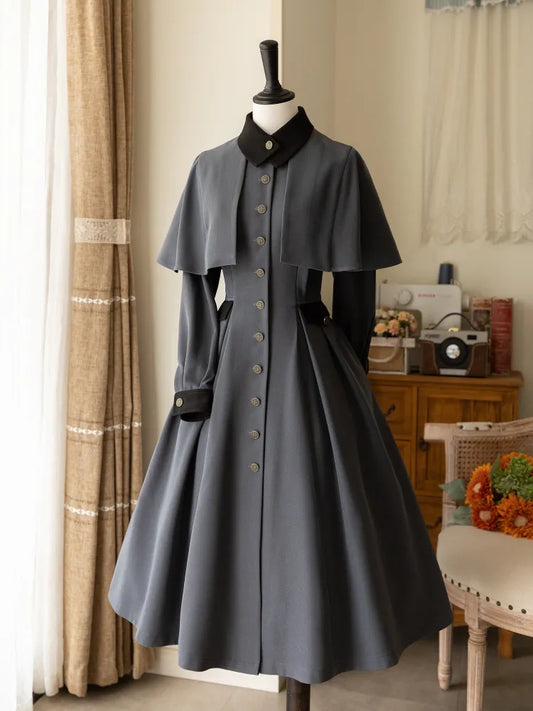 Lolita Winter Autumn Cape and Piece Elegant One Classic Dress Design Gray Dark
