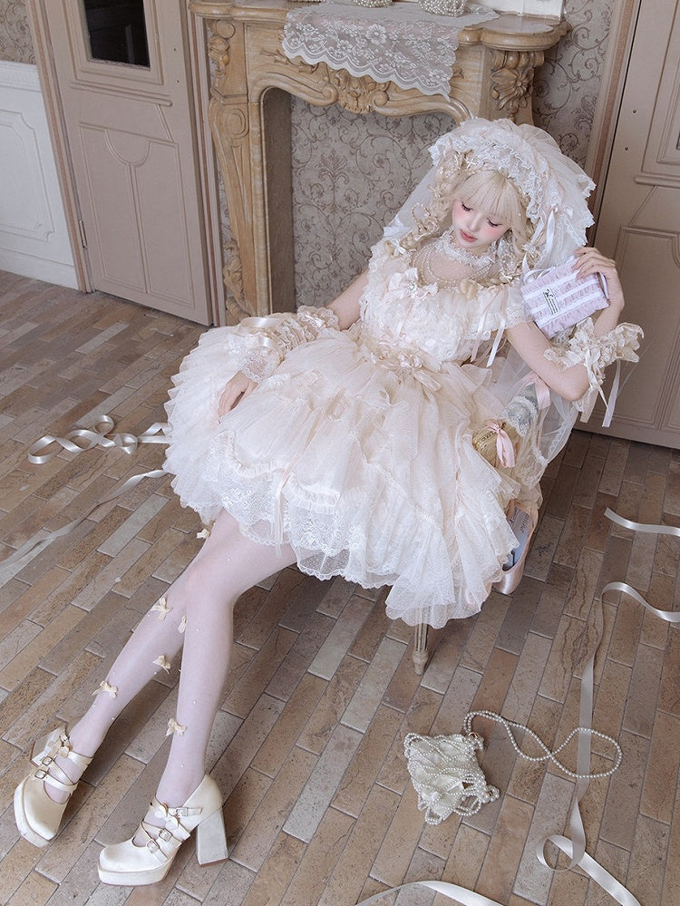 Champagne Illusion Neckline Princess Lolita JSK Dress Set - Sweetheart Macaron Lolita