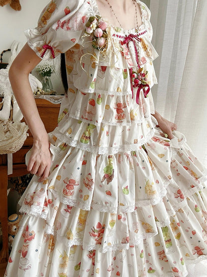 ショートパフェフルーツトップスリーブサマープリントクリーム